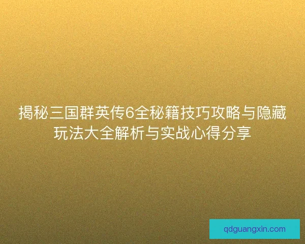 揭秘三国群英传6全秘籍技巧攻略与隐藏玩法大全解析与实战心得分享